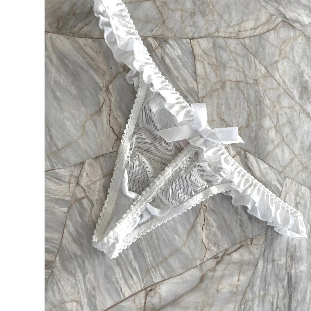 Victorias Secret White Ruffle Satin Mesh Thong Panty Small Bow Trim 2012 Vintage